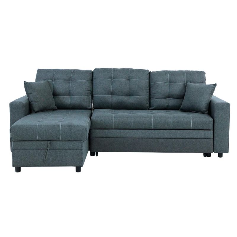 2pc Reversible L Sectional Sofa Set w Pull Out Bed, Slate Gray Fabric - Benzara