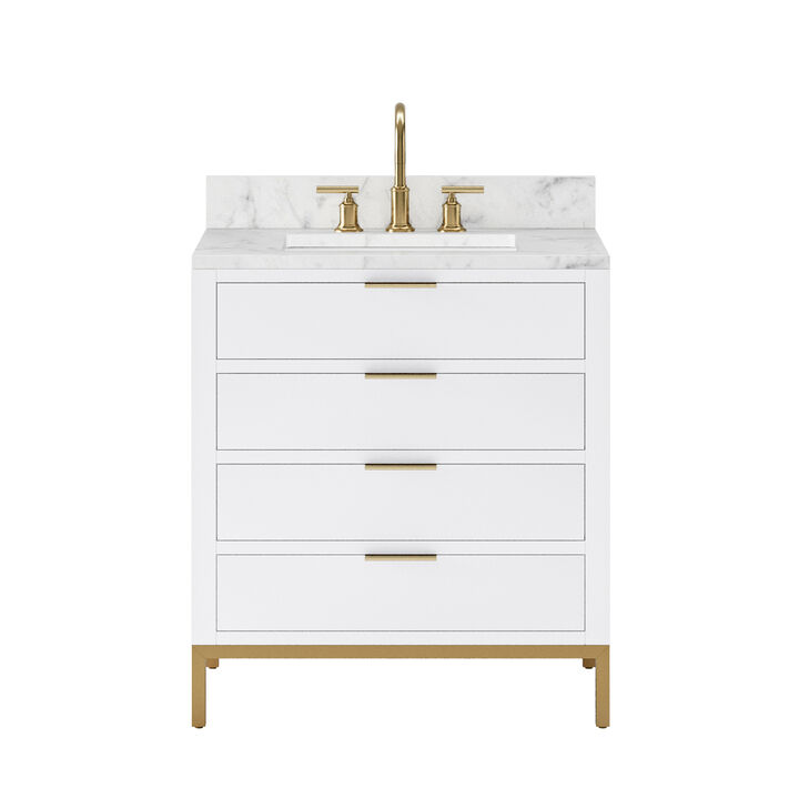 Bristol 30 In. Single Sink Carrara White Marble Countertop Bath Vanity in Pure White