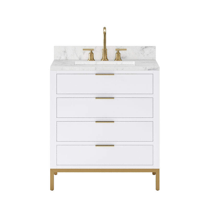 Bristol 30 In. Single Sink Carrara White Marble Countertop Bath Vanity in Pure White