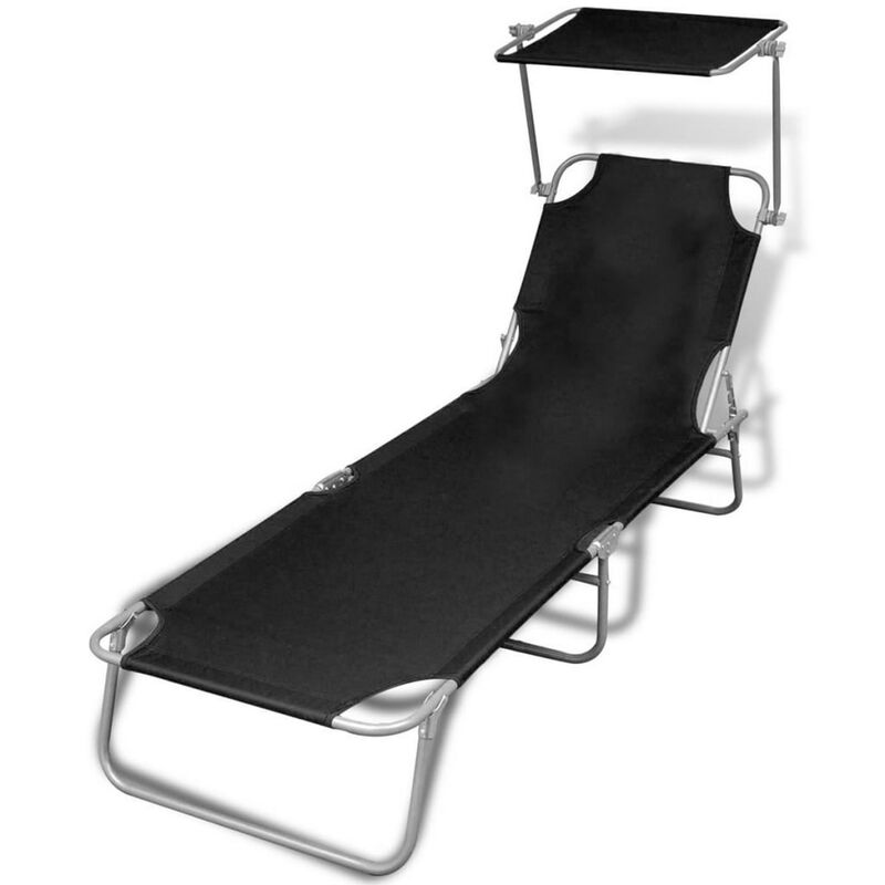 Outdoor Foldable Sun Chaise Lounger with Canopy, 74 Inch Steel, Black - Benzara