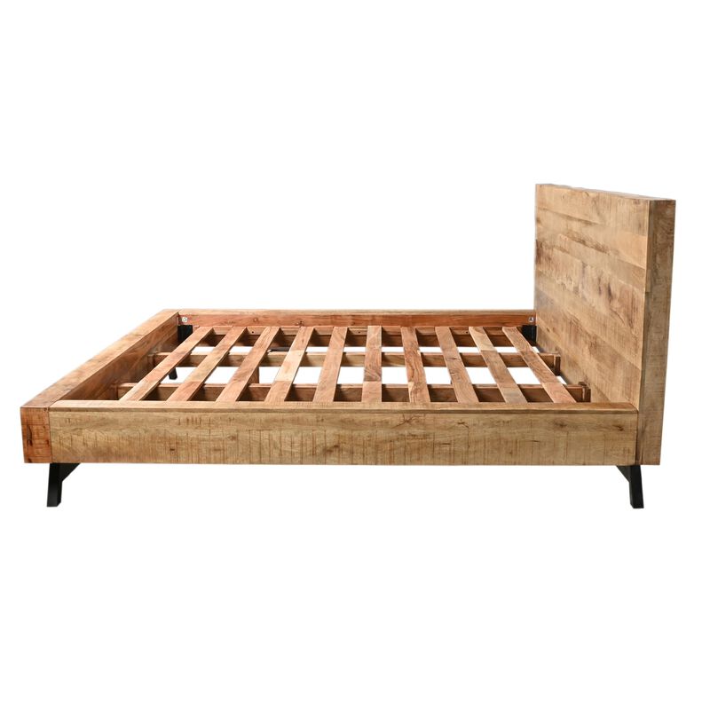 Bree Modern Rustic Queen Size Platform Bed, Brown Acacia & Mango Wood Frame, Black Iron Angled Legs