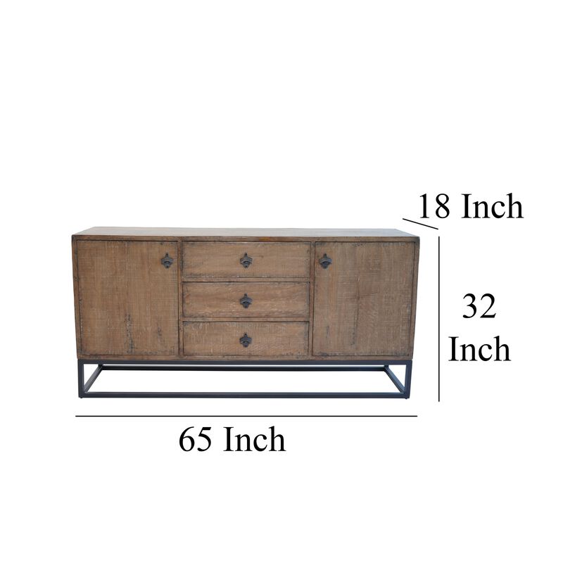Wery Sideboard Cabinet Console, 2 Doors, Iron 65 Inch Natural Brown - Benzara