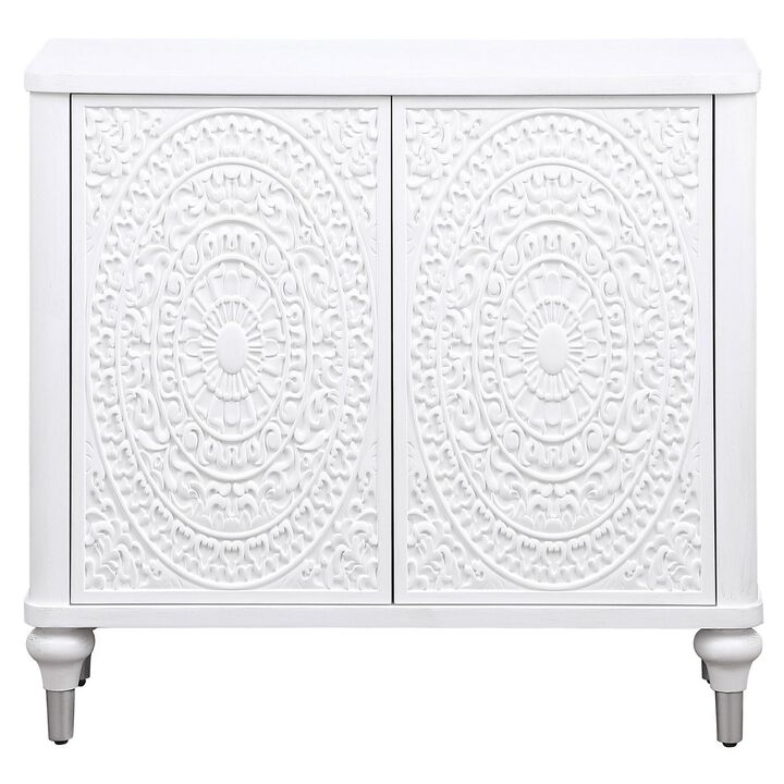 Cardi Accent Cabinet, 2 Medallion Carved Doors, 36 Inch Classic White - Benzara