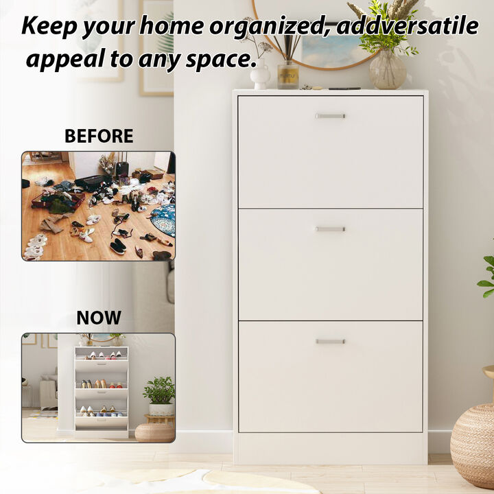23.6 in. W x 45.5 in. H White Wood 18-Pair Wood Shoe Storage Cabinet with 6-Foldable Compartments