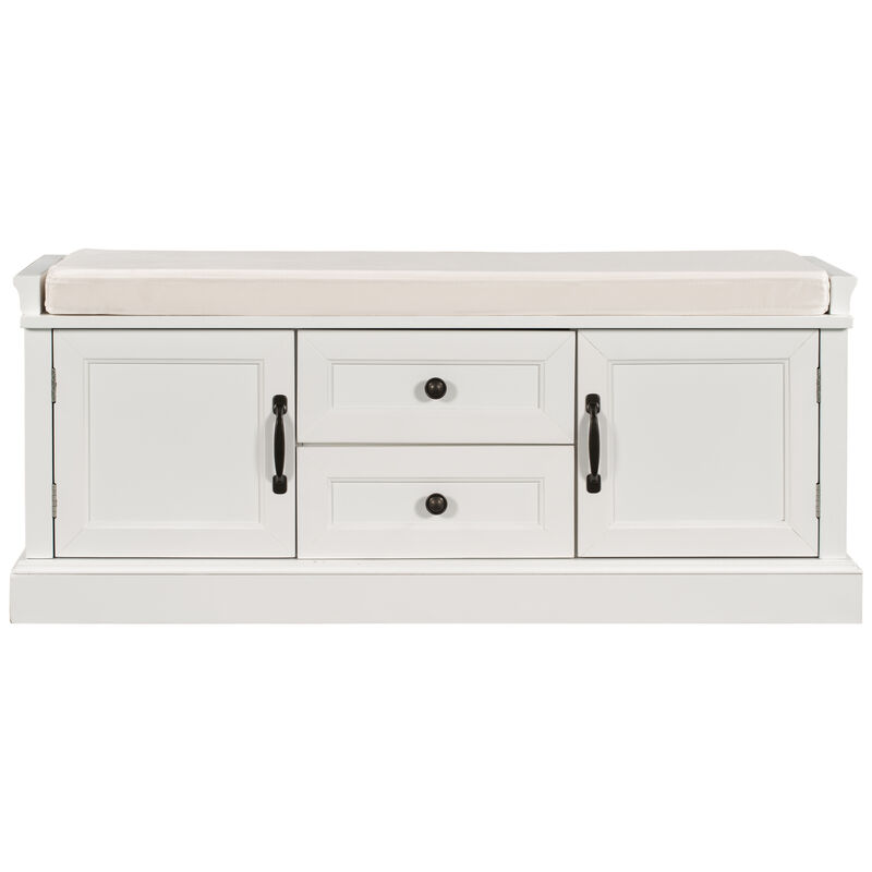 Gewnee Storage Bench with 2 Drawers and 2 Cabinets, Shoe Bench with Removable Cushion for Living Room, Entryway (White)