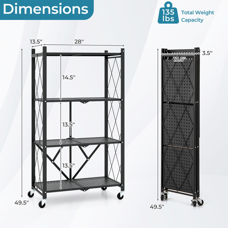 4-Tier Foldable Storage Shelf Collapsible Storage Rack with Lockable Wheels