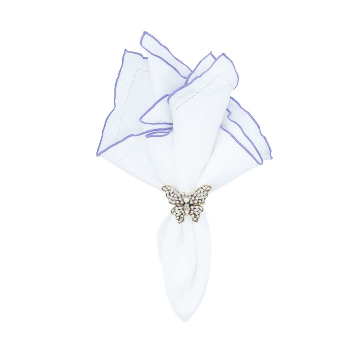Linen Napkins With Purple Ruffled Hemstitch Edges, Set of 4