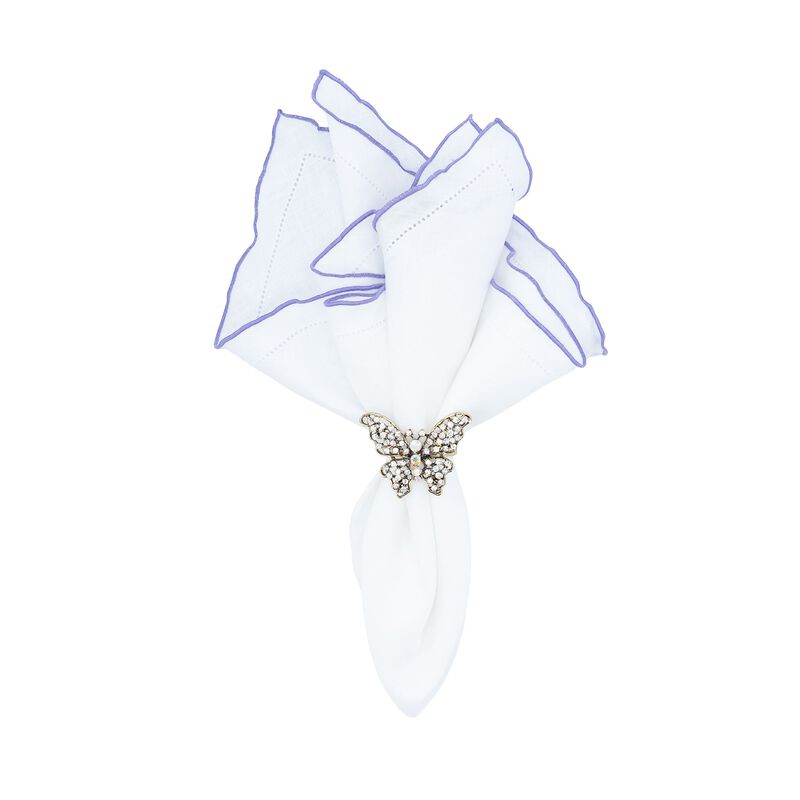 Linen Napkins With Purple Ruffled Hemstitch Edges, Set of 4