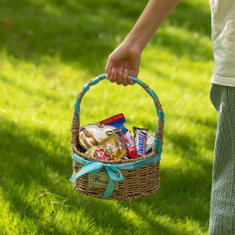 Wickerwise Small Seagrass Wicker Picnic Basket with Handle - Versatile Gift Basket with Blue Ribbon for New Year and Other Occasions, Garden and Home Decor, Natural Wicker Basket and Storage Solution