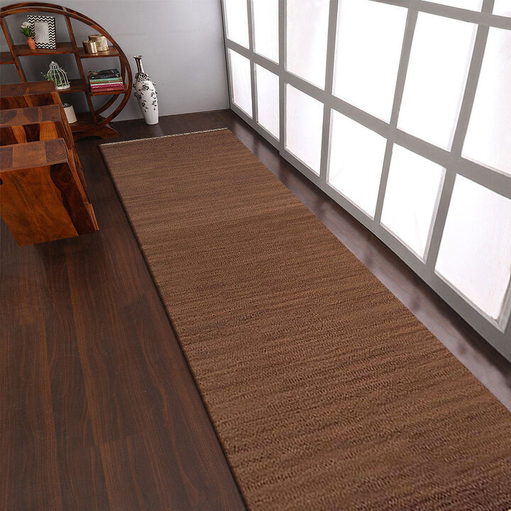 RUGSOTIC CARPETS HAND WOVEN FLAT WEAVE KILIM WOOL ECO-FRIENDLY AREA RUGS - 2'6"x8', Runner Shape, Light Brown Color, Solid Plain Design, Low Pile  Handmade Rugs for Living Room, Bed Room (D00111)