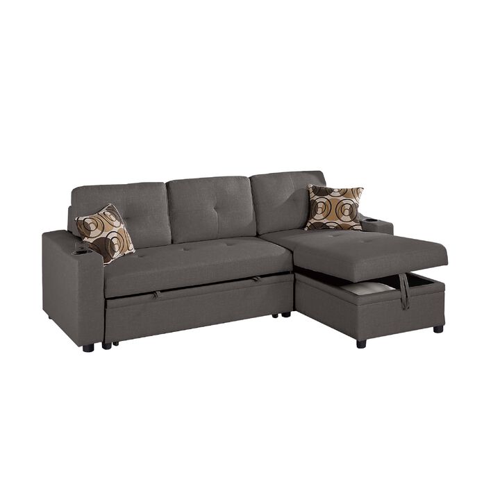 Pero Sectional Sofa Pull Out Bed with Storage Chaise, Pillows, Black - Benzara
