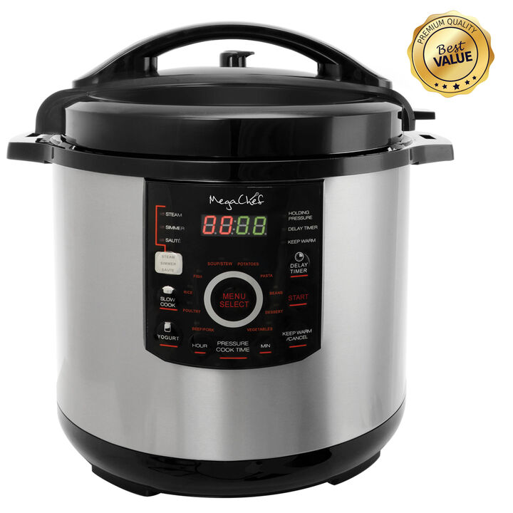 Megachef 12 Quart Steel Digital Pressure Cooker with 15 Presets and Glass Lid