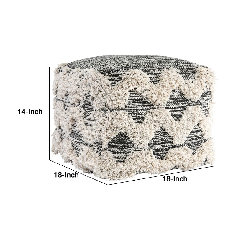 18 Inch Square Cube Accent Pouf, Zig Zag Shag Woven Pattern, Black, White-Benzara