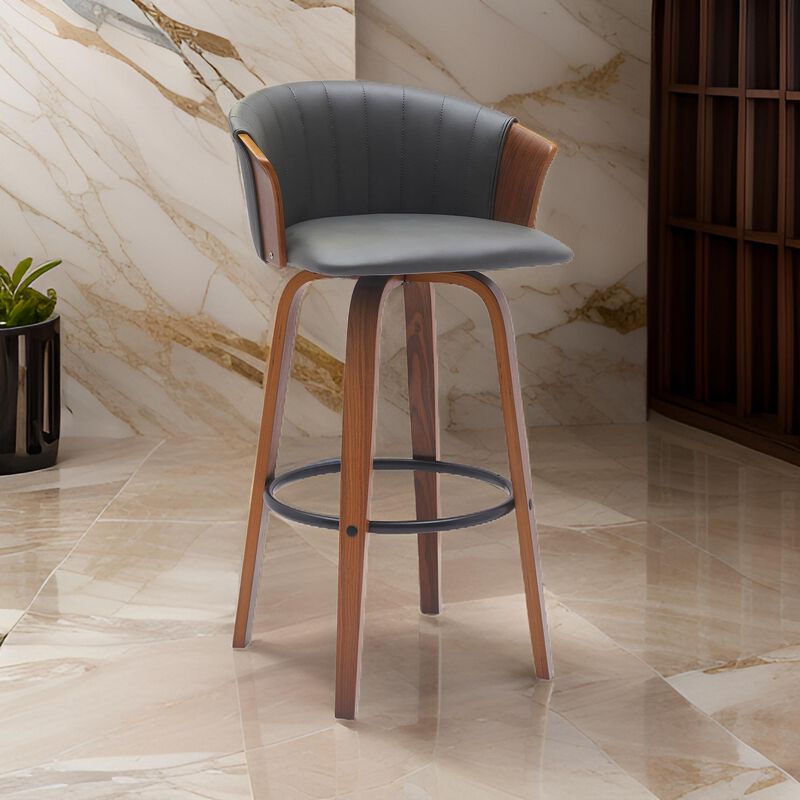 Oja 30 Inch Swivel Barstool Chair, Gray Faux Leather, Curved, Walnut Brown - Benzara