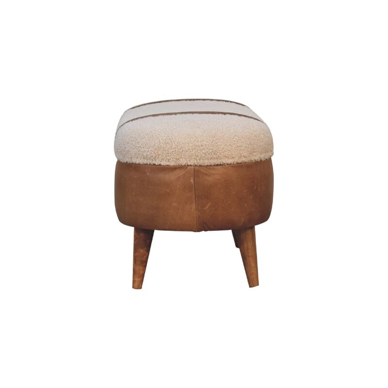 Solid Wood Tan Bufallo Leather Boucle Nordic Bench