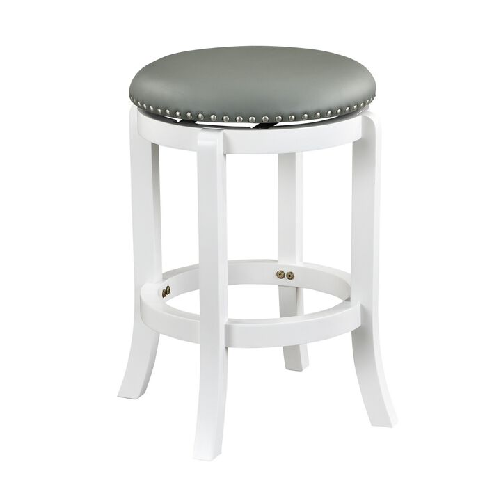 Ovi 25 Inch Backless Swivel Counter Stool, Gray Faux Leather, Nailhead Trim - Benzara