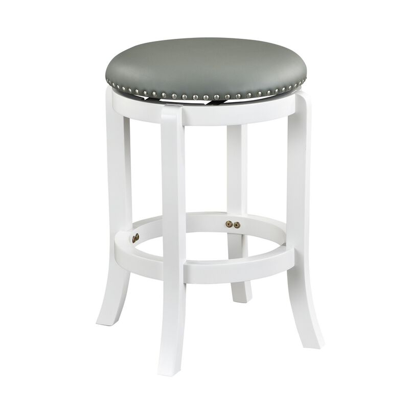 Ovi 25 Inch Backless Swivel Counter Stool, Gray Faux Leather, Nailhead Trim - Benzara