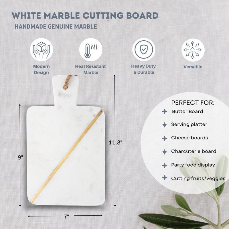12 x 7 White Marble Single Brass Inlay Charcuterie Board with Handle