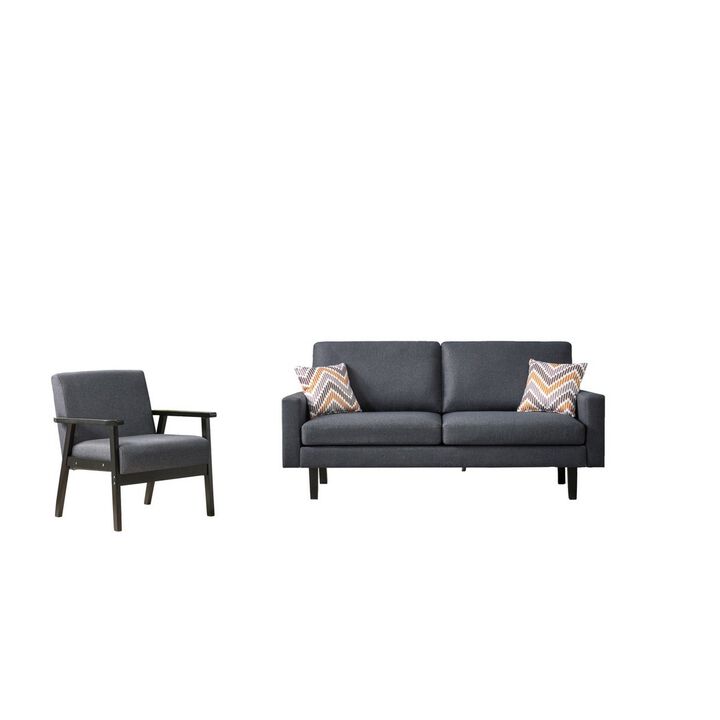 Gala 2pc Sofa and Chair Set, Slate Gray Fabric, 2 Pillows, Black Wood Frame-Benzara