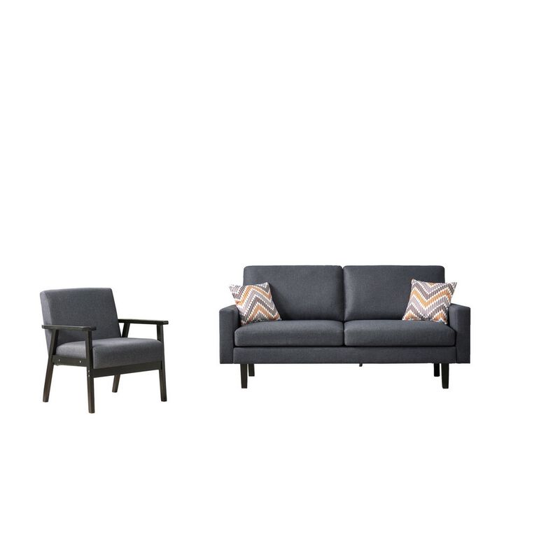 Gala 2pc Sofa and Chair Set, Slate Gray Fabric, 2 Pillows, Black Wood Frame-Benzara