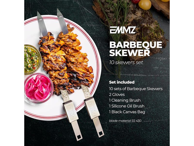 EMMZ Premium BBQ Skewer Set – 16.5" Stainless Steel skewers with Slider & Storage Bag (Set of 10)