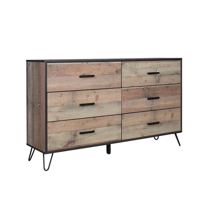 Benjara Lala 58 Inch Dresser, 6 Drawers, Handles, Rustic Wood Finish, Brown, Black