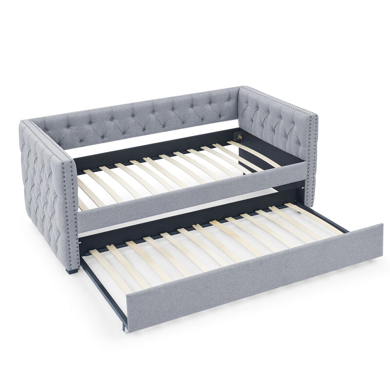 Grey Upholstered Twin Daybed with Trundle & Sofa Bed