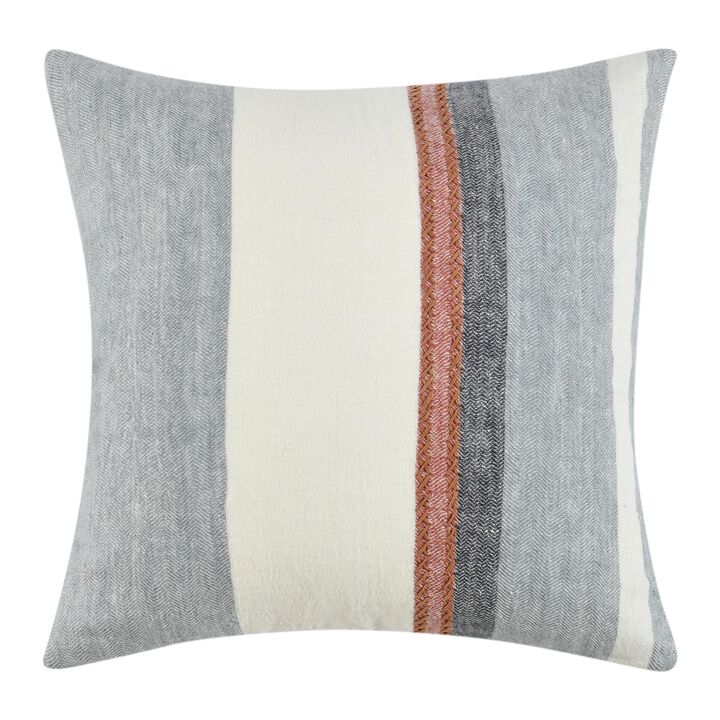 Throw Pillow, Coastal Modern Striped Pattern, 22 Inch Blue Flax Linen - Benzara