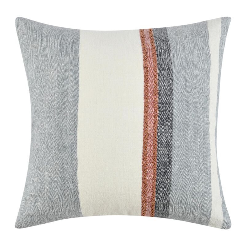 Throw Pillow, Coastal Modern Striped Pattern, 22 Inch Blue Flax Linen - Benzara