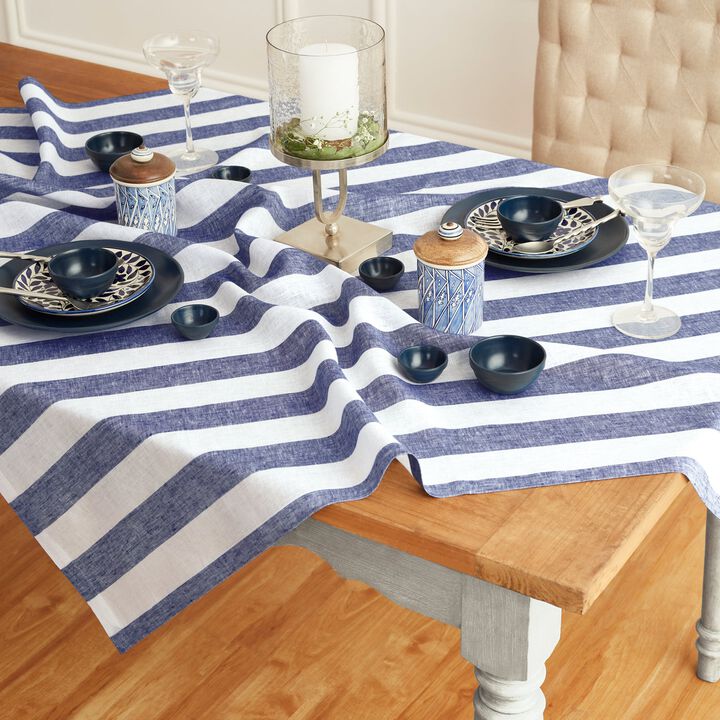 Solino Home 100% Pure Linen Table Throw 52 x 52 Inch | Cabana Stripe for Thanksgiving, Christmas