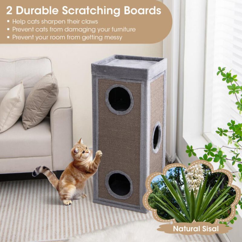 Hivvago 39 Inch Tall Cat Condo with Scratching Posts and 3 Hideaways and 4 Soft Plush Cushions