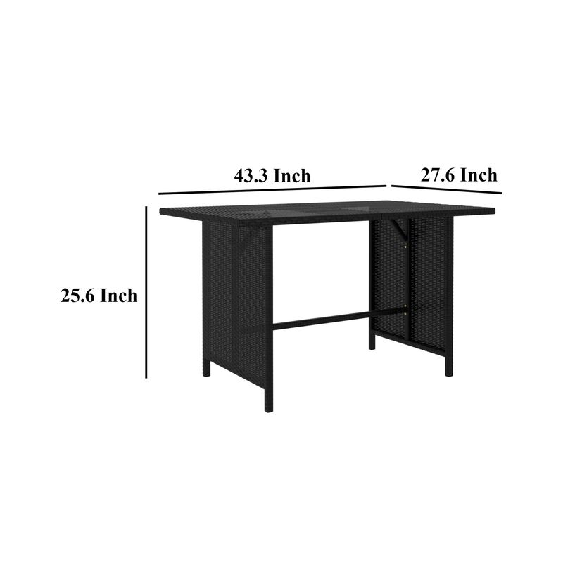 Outdoor Dining Table, Rectangular 43 Inch, Black Rattan, Steel Frame - Benzara