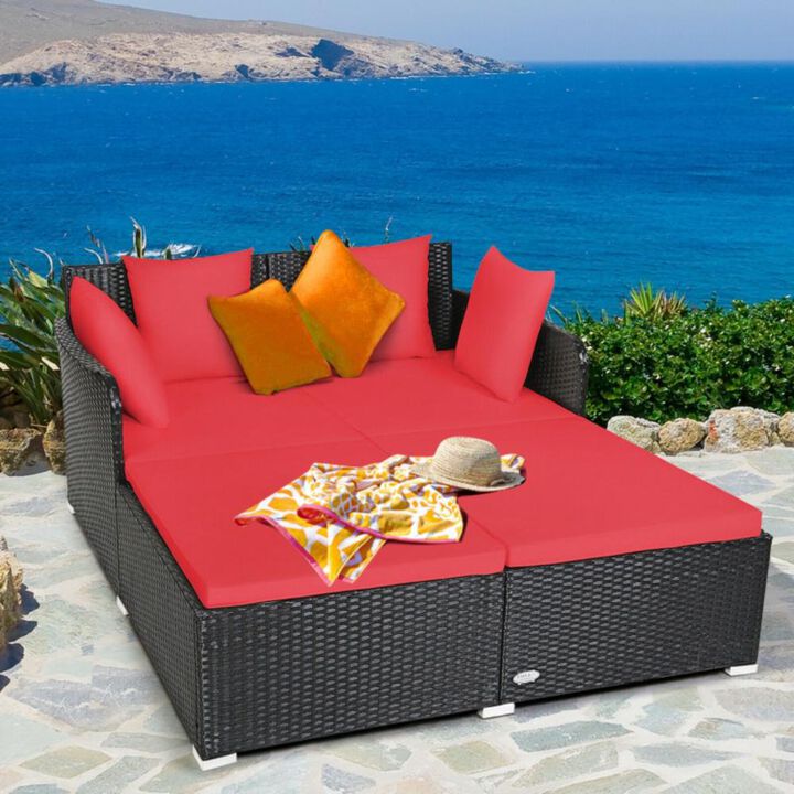 Hivvago Spacious Outdoor Rattan Daybed with Upholstered Cushions and Pillows