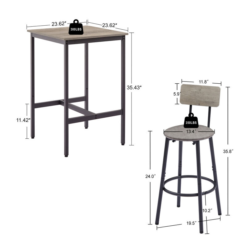 Bar Table Set With 2 Bar Stools PU Soft Seat With Backrest23.62"W X 23.62"D X 35.43