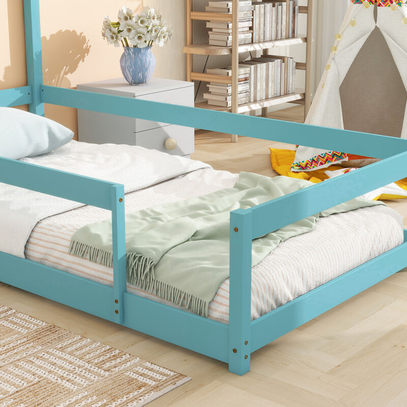Twin Size Wood Bed With House-Shaped Headboard Floor Bed With Fences, Light Blue
