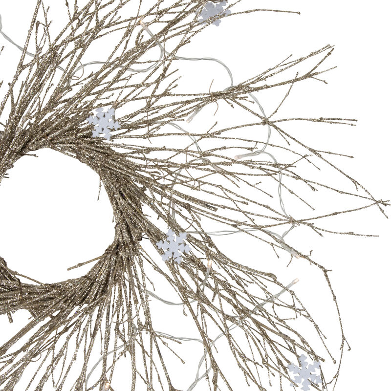 28" Pre-lit Champagne Glittered Artificial Twig Christmas Wreath  Warm White LED Lights
