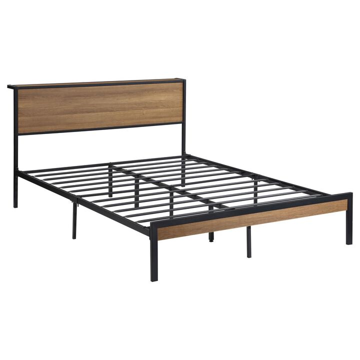 Rick Queen Size Platform Bed, MDF Panel Headboard, Brown, Black Metal - Benzara