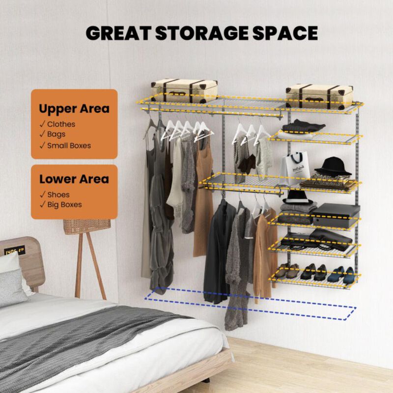Hivvago Adjustable Closet Organizer Kit with Shelves and Hanging Rods for 4 to 6 Feet