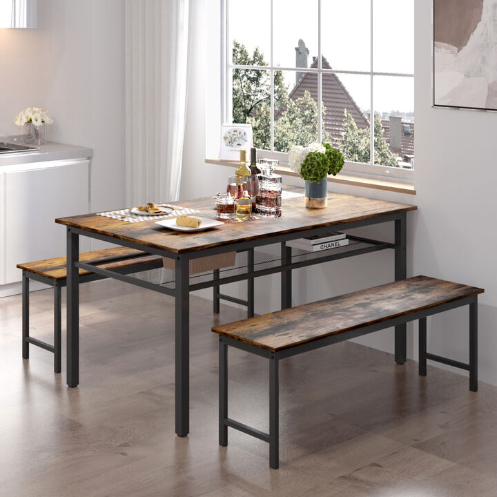 3 Pieces Farmhouse Kitchen Table Set With Two Benches, Metal Frame And MDF Board