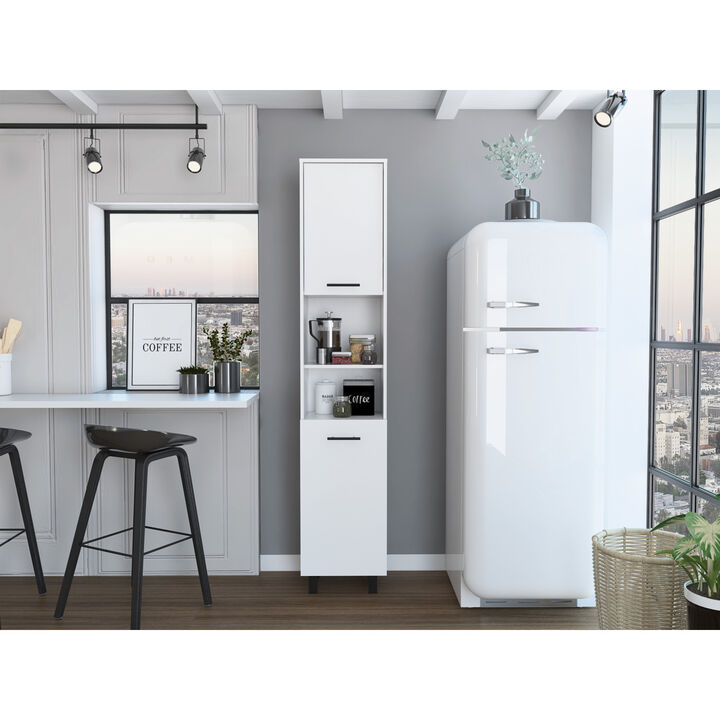 Hobart Pantry, Four Legs, Three Interior Shelves, Two Shelves, Two Cabinets - White