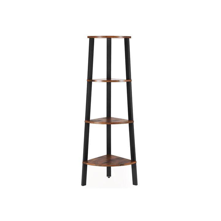 Wood Look 4-Tier Corner Bookcase – Rustic Brown Metal Frame