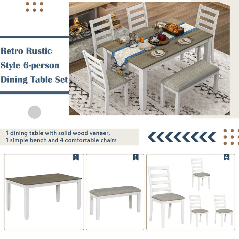 Rustic Style 6-Piece Dining Room Table Set With 4 Ergonomic Designed Chairs & A Bench