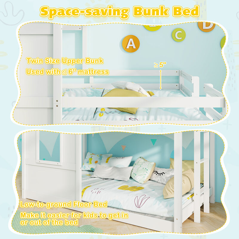 Wooden Bunk Bed with Full-length Safety Guardrail and Ladder