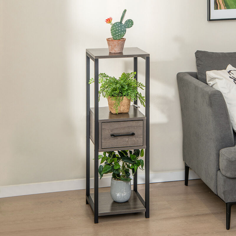 3 Tier Tall Metal Plant Stand with Drawer for Balcony Office-Grey
