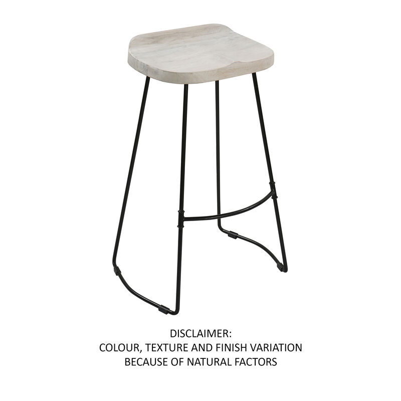 Tiva 30 Inch Handcrafted Backless Barstool, Whitewashed Mango Wood Saddle Seat, Black Metal Base-Benzara