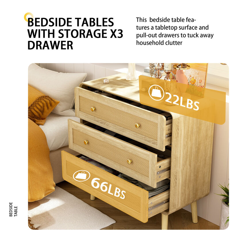 FUFU&GAGA 3-Drawer Nightstand, Modern Bedside Table with Rattan Fronts, Wooden Legs & Gold Handles, Spacious Storage for Bedroom (31.5" W x 32" H x 13.8" D), Natural Wood