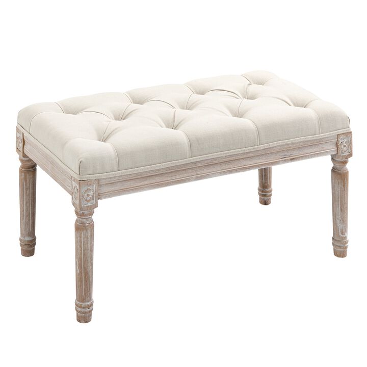 Beige Vintage Seat: 15.75" Tufted Ottoman with Distressed Wood Legs