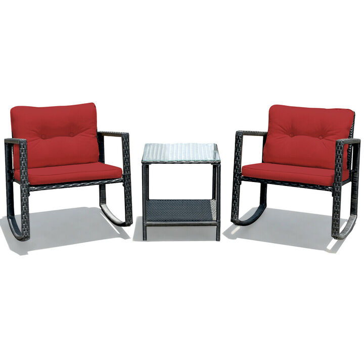 3 Pieces Cushioned Patio Rattan Set with Rocking Chair and Table-Red