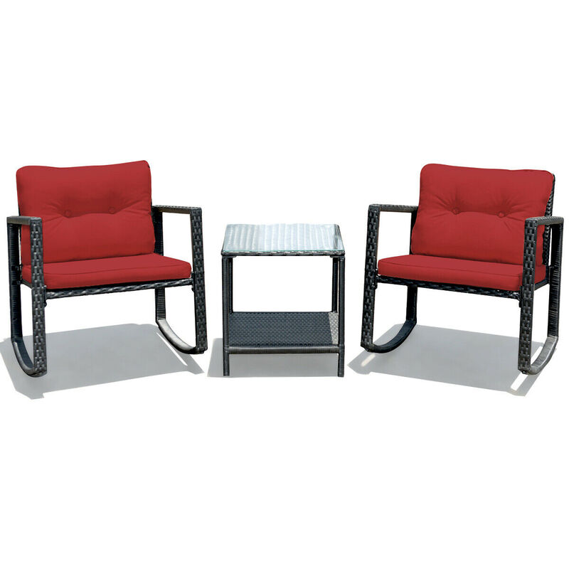 3 Pieces Cushioned Patio Rattan Set with Rocking Chair and Table-Red