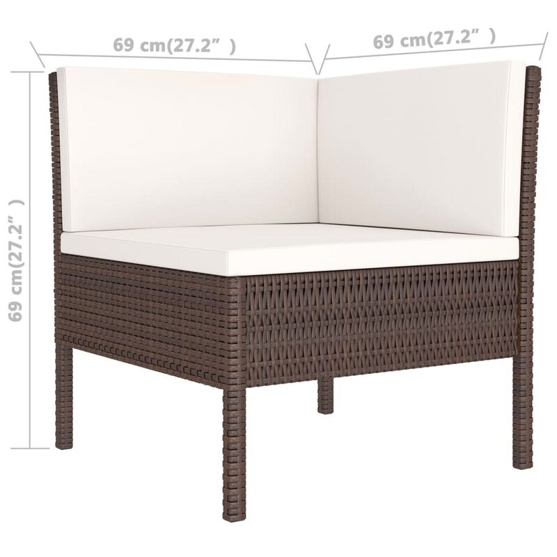 3pc Outdoor Modular Sofa Set, Cushions, Cream White, Brown Poly Rattan - Benzara
